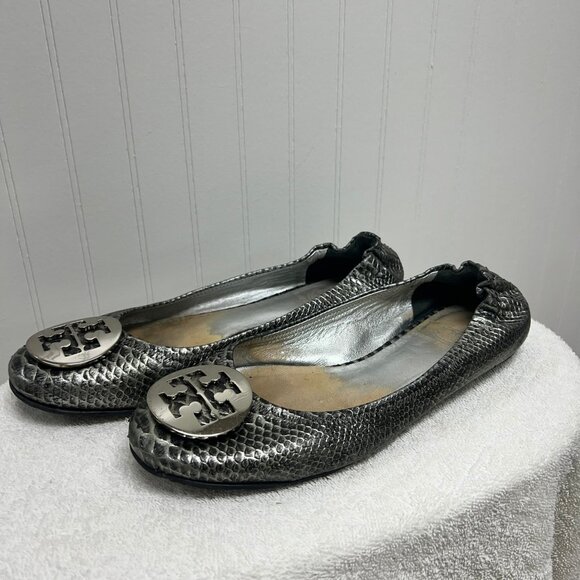 Tory Burch Reva Snakeskin Ballet Flats - Gray / Silver - Size 8 - Picture 1 of 5